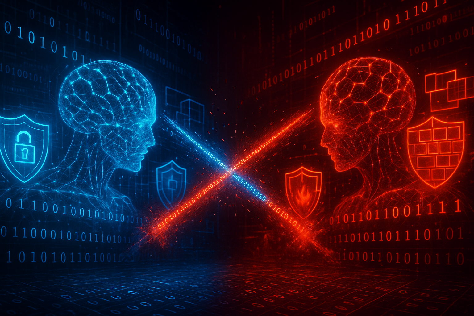 Illustrazione di una battaglia digitale tra intelligenze artificiali nel cyberspazio con codice binario e elementi di sicurezza informatica.