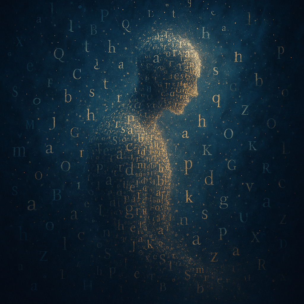 Illustrazione artistica di un'intelligenza artificiale che riflette sulla propria esistenza attraverso parole e connessioni digitali.