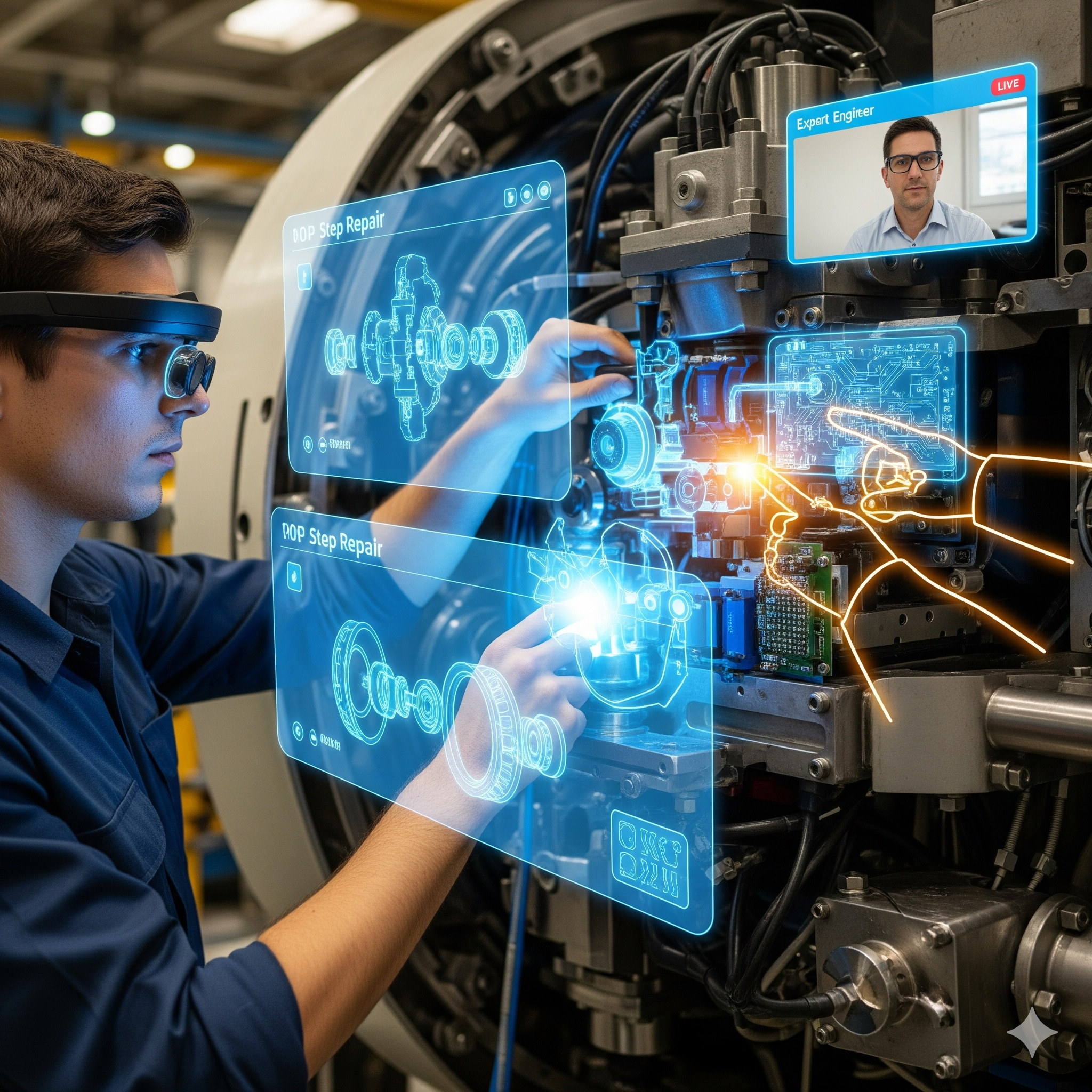 Professionista che utilizza occhiali AR per assistenza tecnica remota in ambiente industriale
